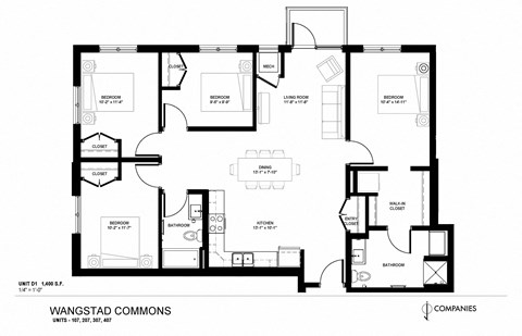 Floor plan for 4 beds, 2 baths, 1660 sqft